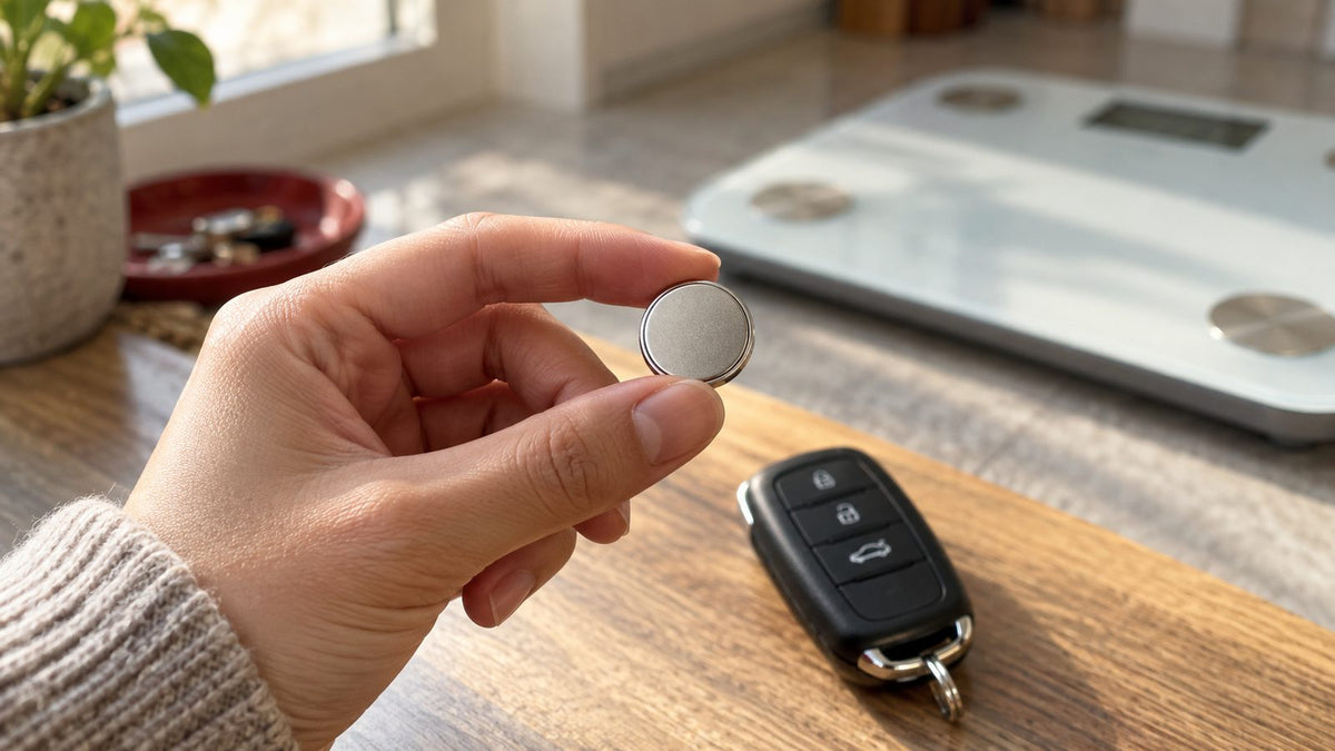 Hand houdt een CR2032 knoopcel vast met autosleutel en weegschaal op de achtergrond