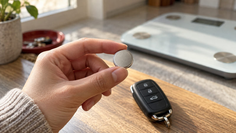 Hand houdt een CR2032 knoopcel vast met autosleutel en weegschaal op de achtergrond
