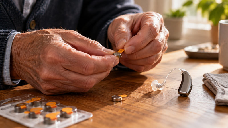 Handen trekken het stickertje van een gehoorapparaatbatterij naast een hoortoestel