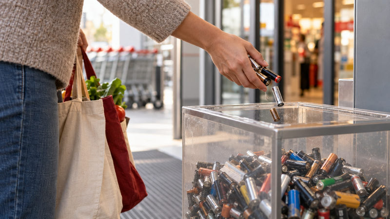 Lege batterijen worden in een inzamelbox aan de supermarkt gegooid