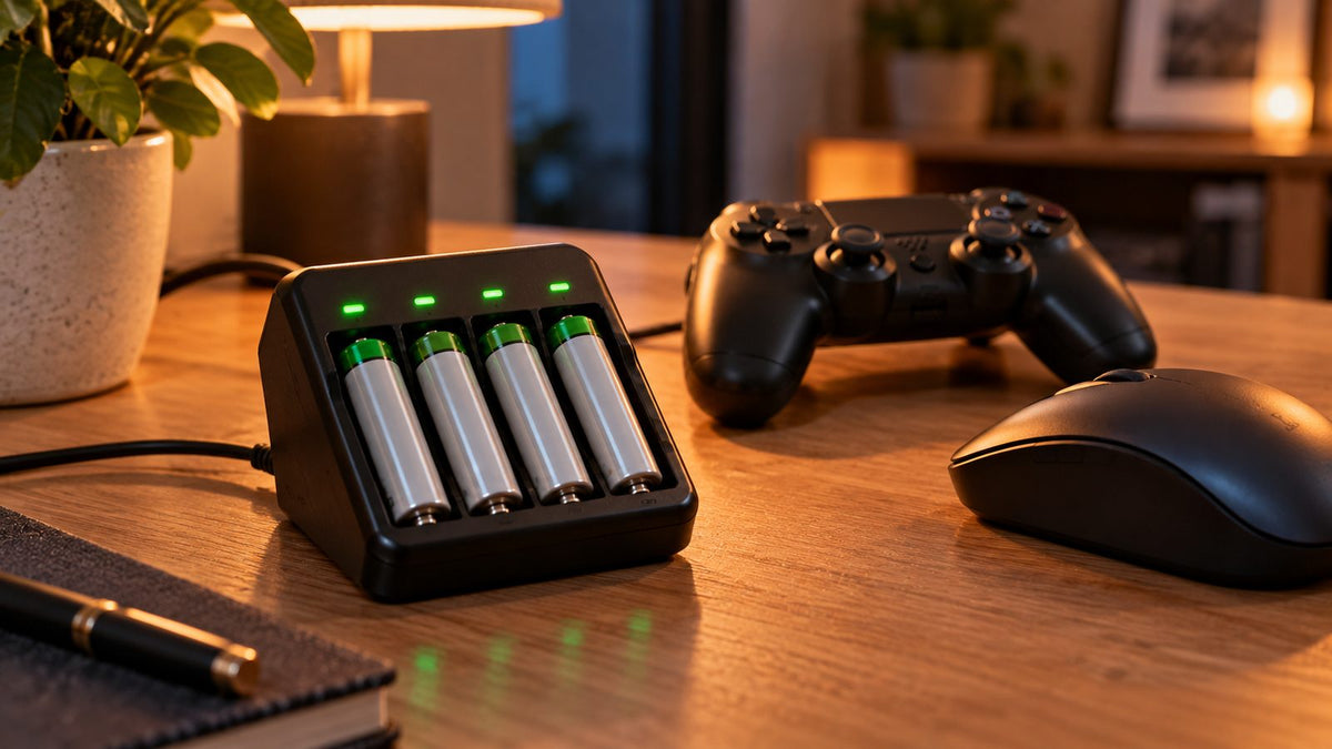 Batterijlader met vier oplaadbare AA's naast een gamecontroller
