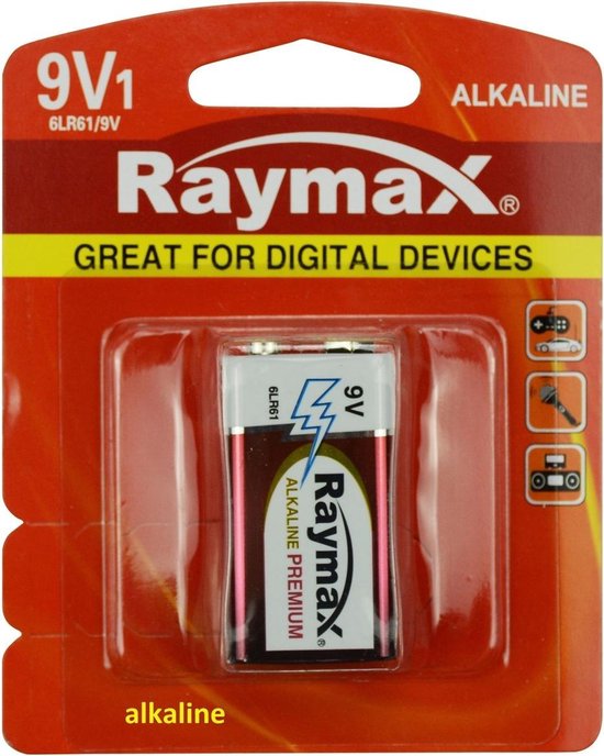 Raymax Krachtige 9V batterij - Alkaline - Langdurige prestaties - Betrouwbaar - 26.5 × 48.5 × 17.5 mm