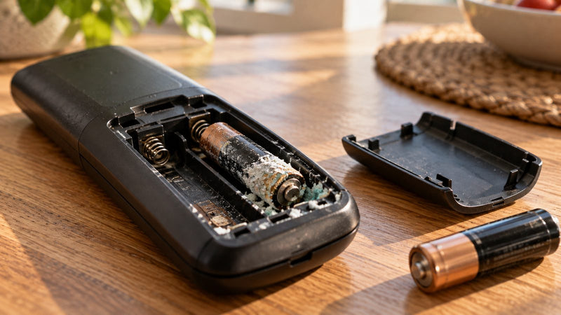 Afstandsbediening met gecorrodeerd batterijvak en gelekte AA-batterij