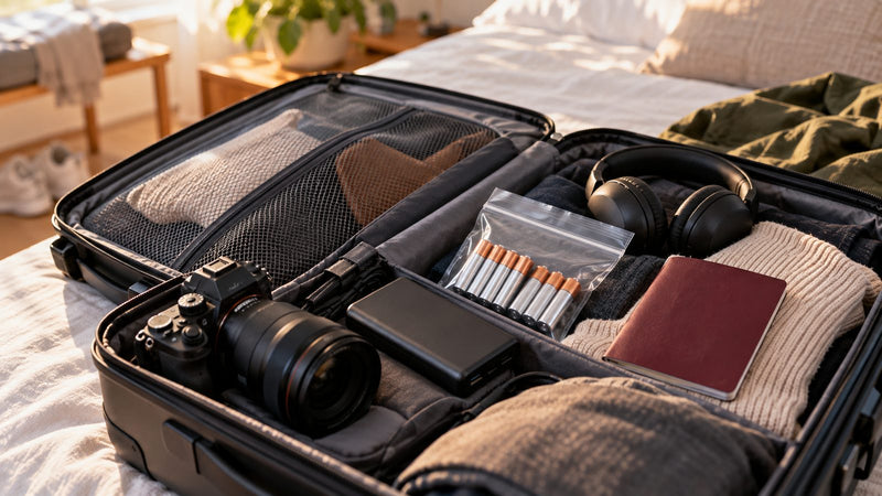 Open handbagagekoffer met camera, powerbank en zakje AA-batterijen