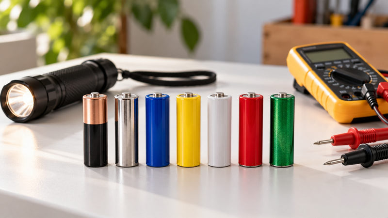 Rij AA-batterijen van verschillende merken met zaklamp en multimeter